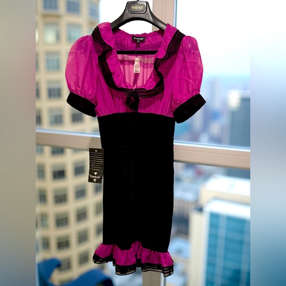Bebe NWT Size M Pretty Pink Purple Black Silk High Waisted Ruffled Dress. (0573) - Picture 16 of 16
